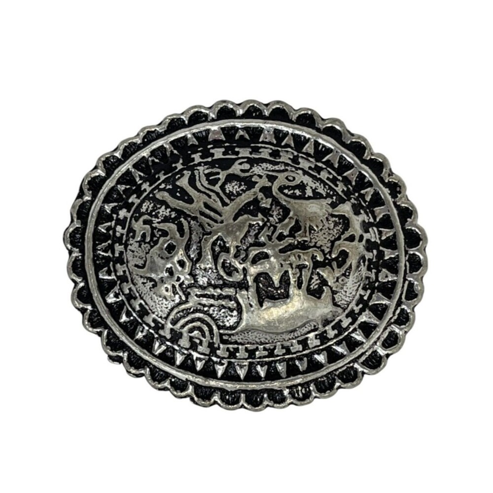 Carlos Falchi Oval Concho Belt Buckle Southwestern Animals Western Silver NWOT